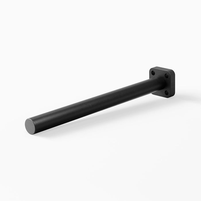 Aksel LD Single Rod Floating Shelf Bracket in matte black steel, engineered for strong, minimalist wall-mounted wood and metal floating shelves.