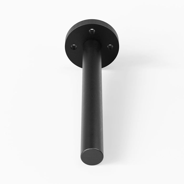Aksel LD Single Rod Floating Shelf Bracket in matte black steel, engineered for strong, minimalist wall support with clean round mounting plate.