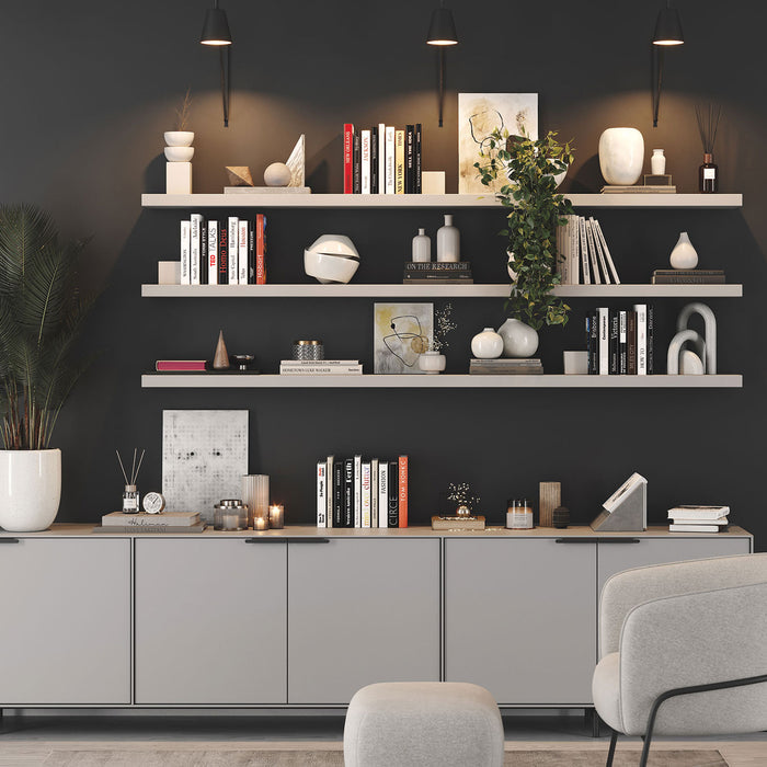 Aksel Nutmeg Rustic Floating Shelf wall display with books, plants, and decor in a stylish living room setting