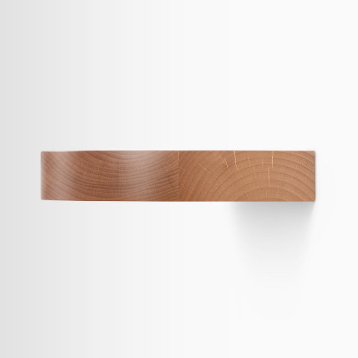 Aksel RADius Alder Floating Shelf in alder finish with smooth curved profile showcasing wood grain by Shelfology