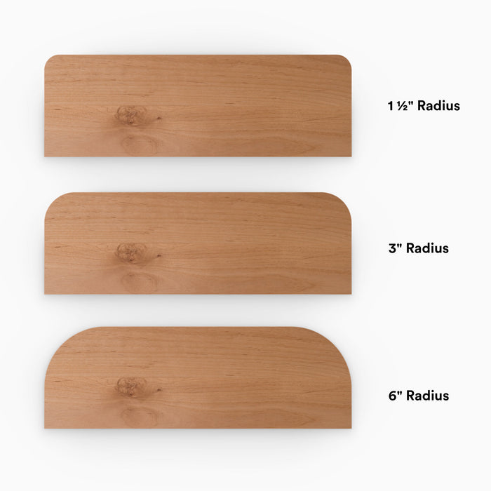 Aksel RADius Alder Floating Shelf showing three alder wood variations with smooth curved edges and different radius sizes by Shelfology
