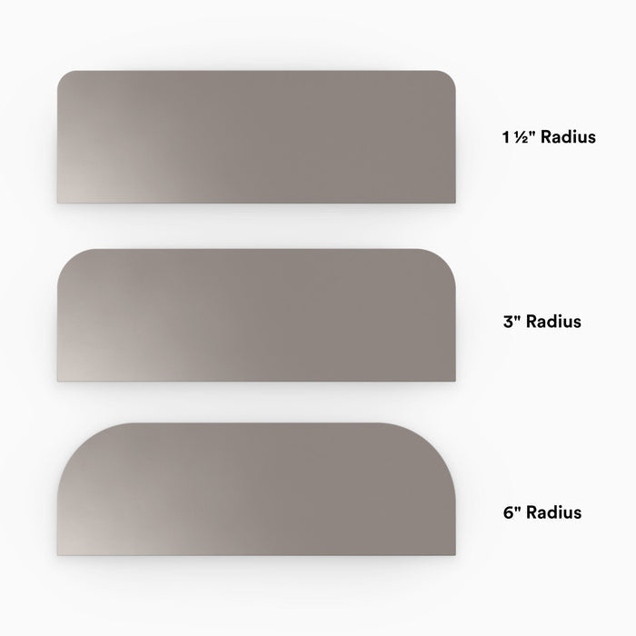 Aksel RADius Arsenic Floating Shelf showing three smooth rounded corner radius options in muted arsenic finish by Shelfology
