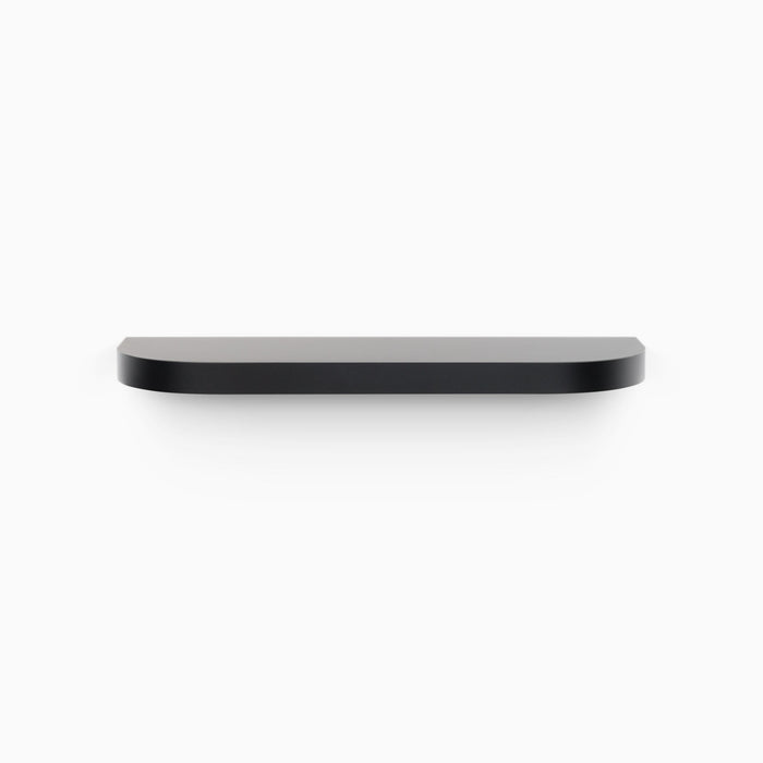 Aksel RADius Black Floating Shelf with smooth rounded edges and minimalist design showcasing wood floating shelf craftsmanship by Shelfology