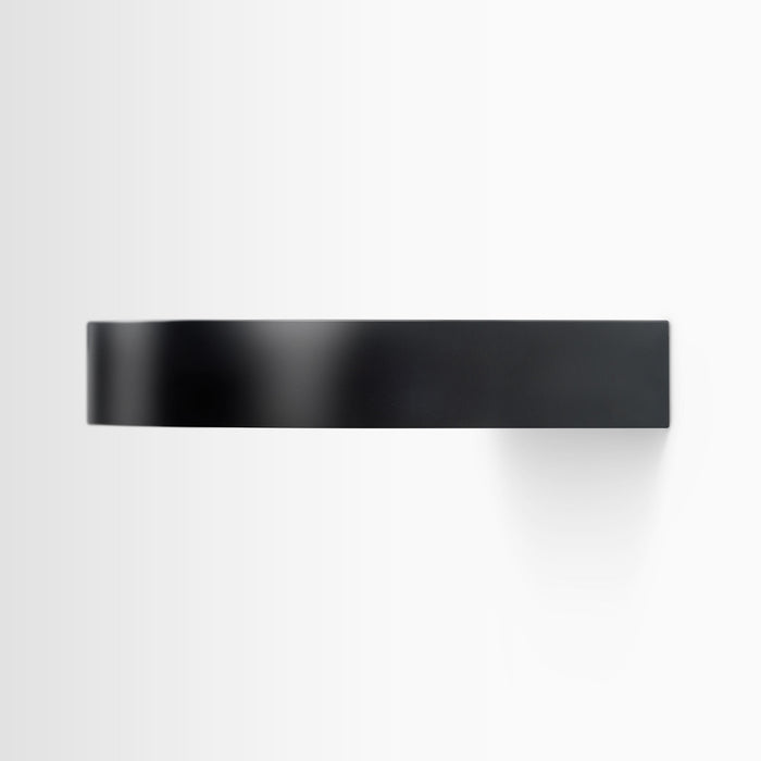 Aksel RADius Black Floating Shelf side profile showing smooth rounded corner and minimalist black wood floating ledge