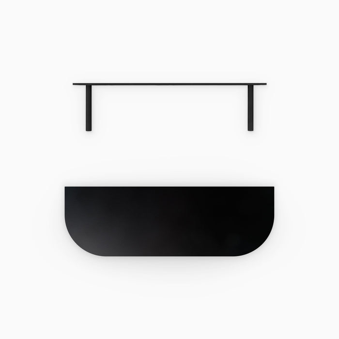 Aksel RADius Black Floating Shelf with smooth curved edges and matte black wood floating shelf bracket by Shelfology