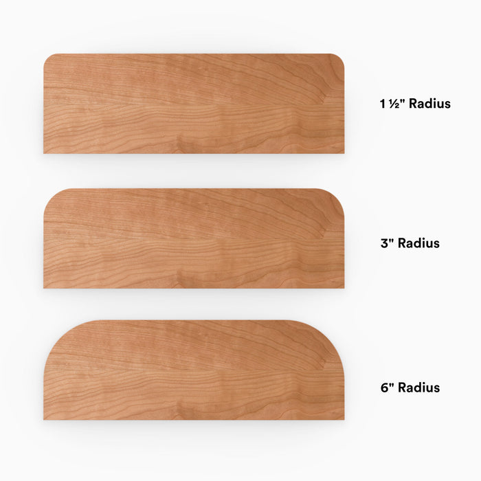 Aksel RADius Cherry Floating Shelf displaying three smooth rounded corner radius options in natural cherry hardwood
