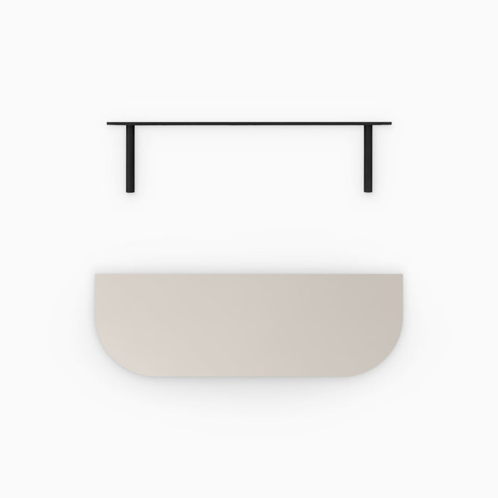 Aksel RADius Concretey Floating Shelf with smooth rounded corners and sleek black metal floating shelf brackets by Shelfology