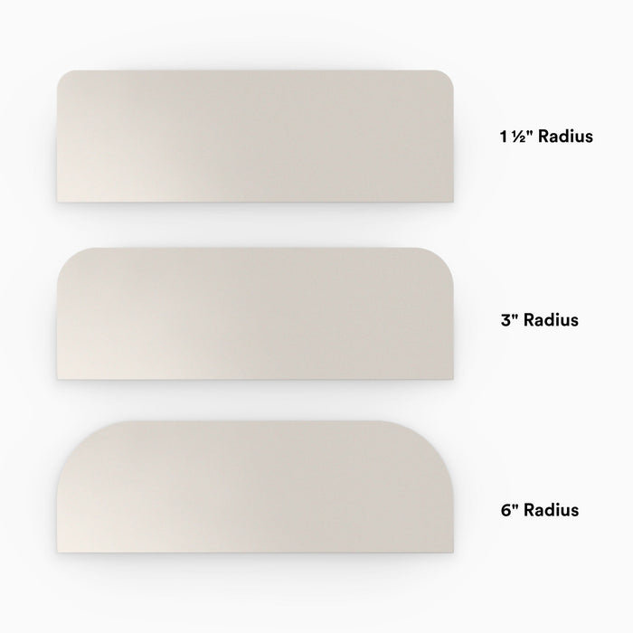 Aksel RADius Concretey Floating Shelf showing top view of three smooth round corner radius options in muted concrete-inspired finish
