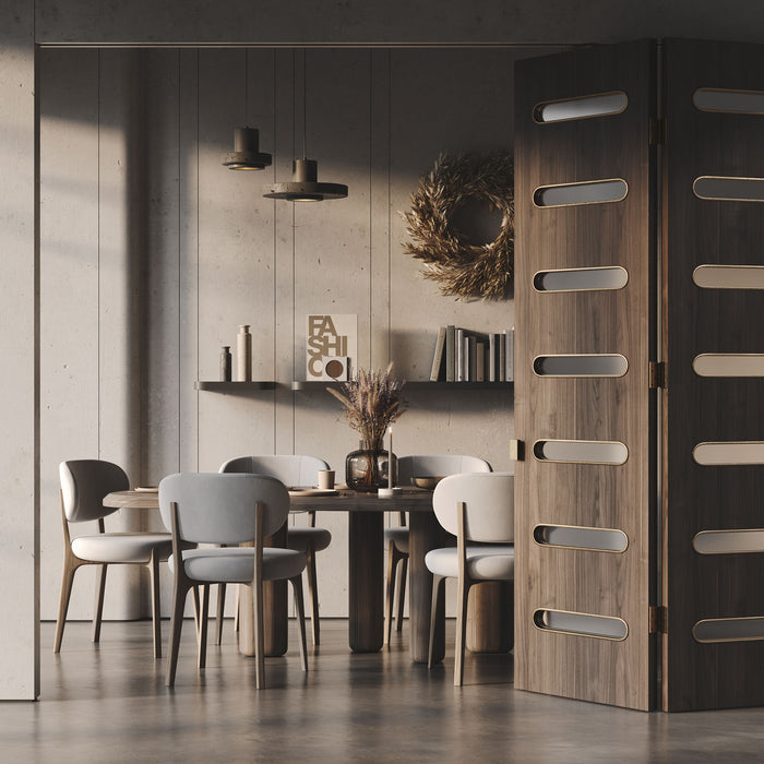 Aksel RADius Concretey Floating Shelf with minimalist design displaying decor in a modern dining room setting by Shelfology