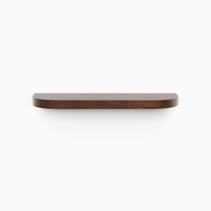 Front view of solid mahogany shelf with Dutch mocha stain and rounded radius corners, modern floating design