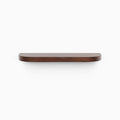 Front view of solid mahogany shelf with Dutch mocha stain and rounded radius corners, modern floating design