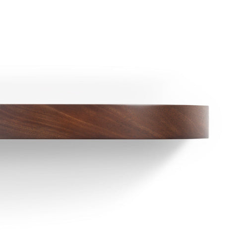 Aksel RADius Dutch Mocha Floating Shelf close-up showing smooth round edges in rich mahogany hardwood by Shelfology