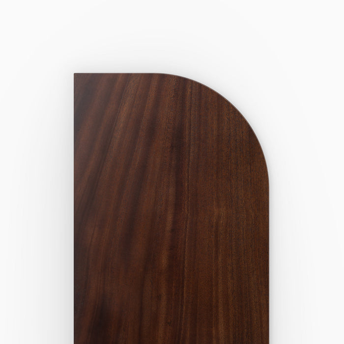 Aksel RADius Dutch Mocha Floating Shelf close-up showing smooth rounded corner and rich mahogany hardwood grain by Shelfology