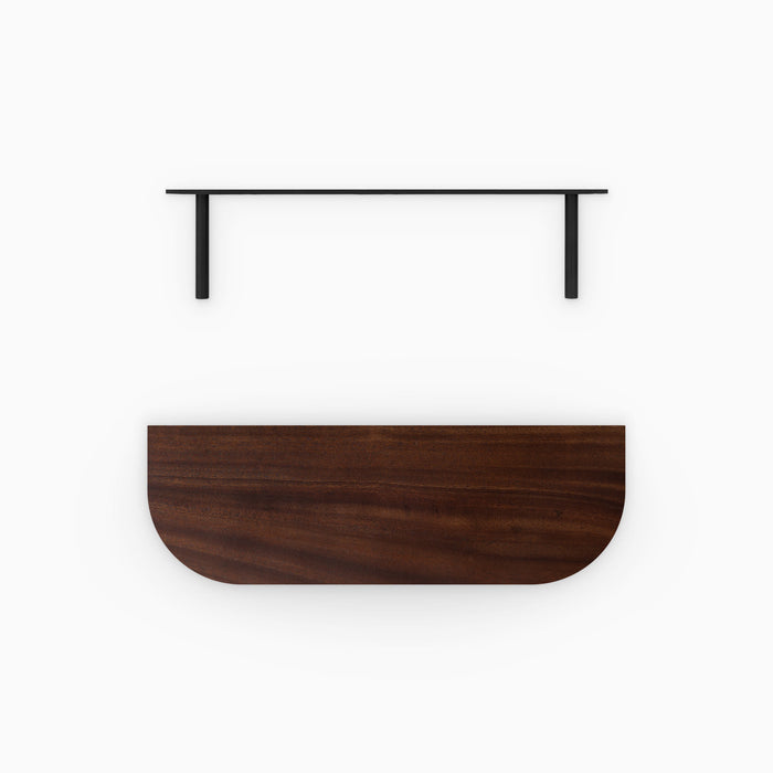 Aksel RADius Dutch Mocha Floating Shelf with curved front edge in rich mahogany wood and black metal wall brackets