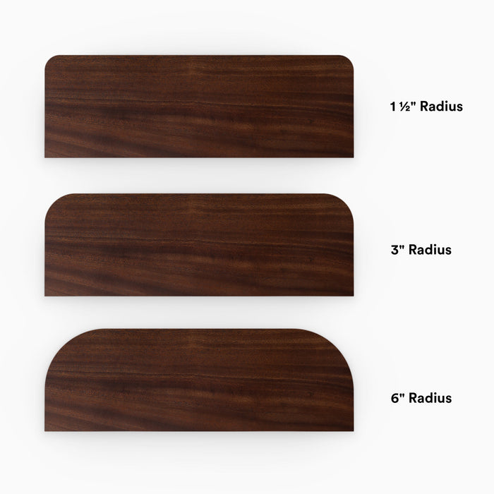 Aksel RADius Dutch Mocha Floating Shelf showing three smooth rounded corner radius options in rich mahogany wood