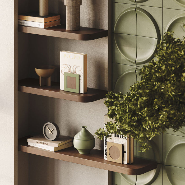 Aksel RADius Espresso Floating Shelf with smooth rounded edges and minimalist decor in a modern living room by Shelfology