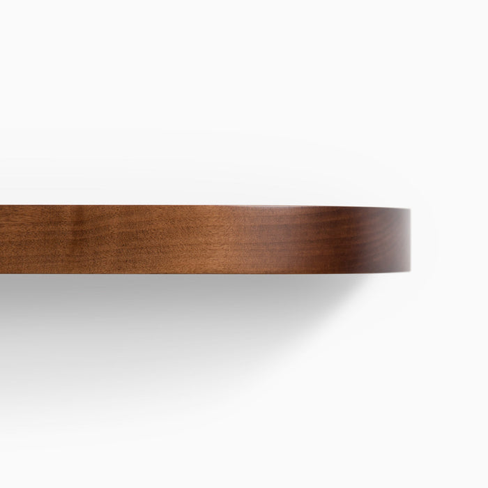 Aksel RADius Espresso Floating Shelf edge detail showing smooth rounded corners and rich espresso hardwood finish by Shelfology