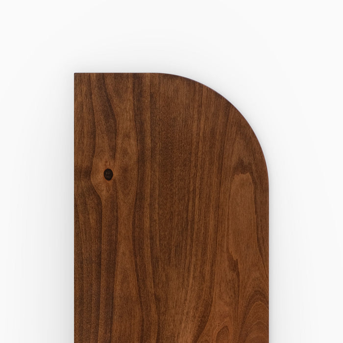 Aksel RADius Espresso Floating Shelf close-up of smooth rounded corner and rich hardwood grain by Shelfology