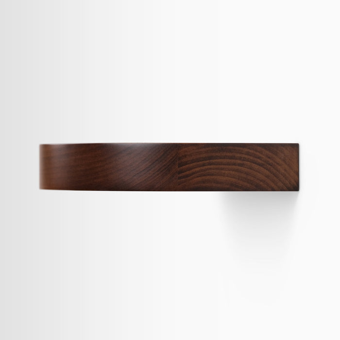 Aksel RADius Espresso Floating Shelf side view showcasing smooth curved edge and rich espresso wood grain by Shelfology