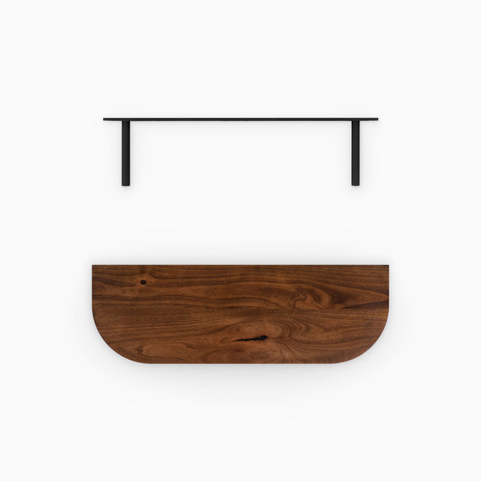 Aksel RADius Espresso Floating Shelf showing top-down view of rich espresso hardwood with minimalist black metal floating shelf bracket