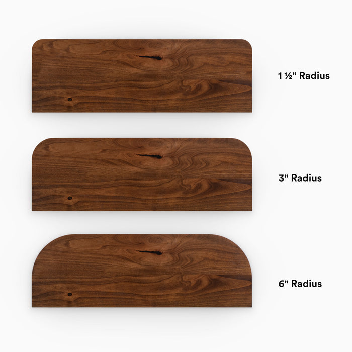 Aksel RADius Espresso Floating Shelf showing three smooth rounded corner radius options in rich espresso hardwood by Shelfology