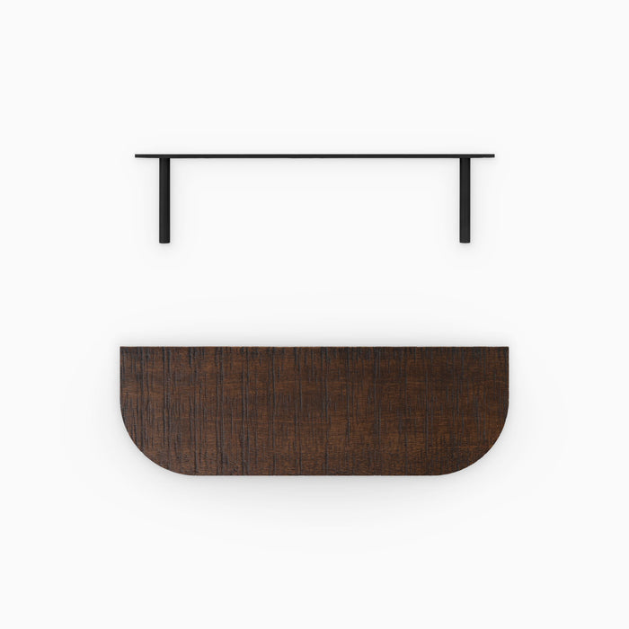 Aksel RADius Espresso Rustic Floating Shelf showing rich espresso hardwood with smooth rounded edges and modern black metal brackets