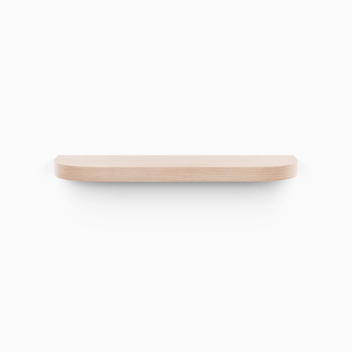 Aksel RADius Glazed White Oak Floating Shelf with smooth rounded edges and natural light wood grain by Shelfology