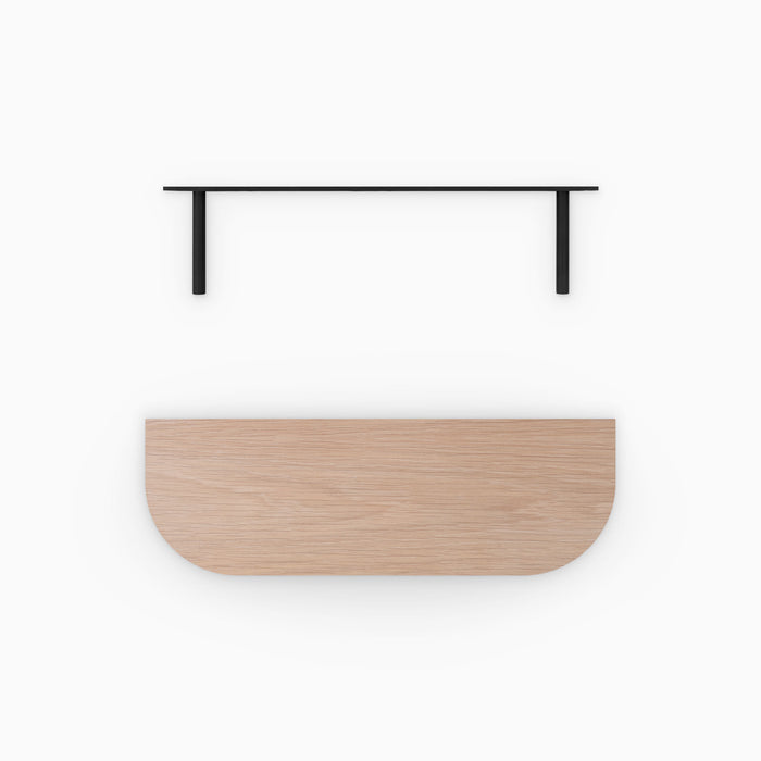 Aksel RADius Glazed White Oak Floating Shelf top view with black floating shelf brackets and smooth rounded corners
