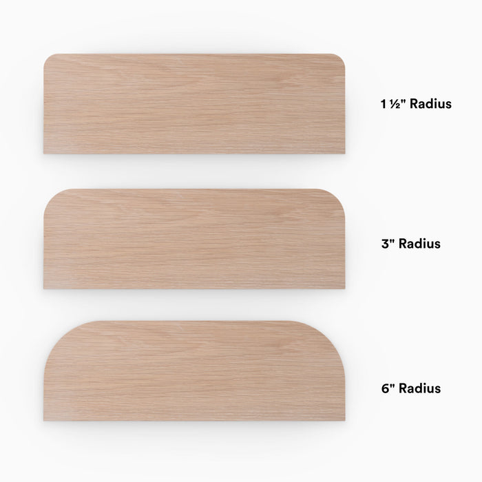 Aksel RADius Glazed White Oak Floating Shelf showing three smooth rounded corner radius options for custom wall shelves