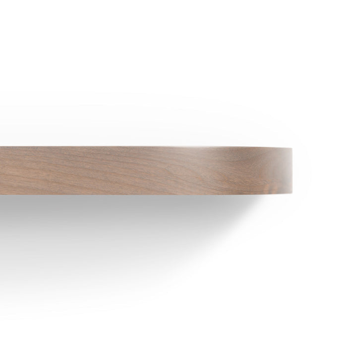 Aksel RADius Hatch Grey Floating Shelf close-up showing smooth rounded edge and natural wood grain by Shelfology