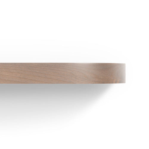 Aksel RADius Hatch Grey Floating Shelf close-up showing smooth rounded edge and natural wood grain by Shelfology