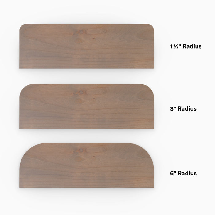 Aksel RADius Hatch Grey Floating Shelf showing three smooth rounded corner radius options in alder hardwood by Shelfology