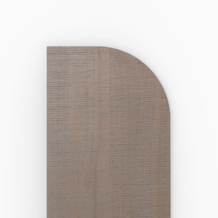 Aksel RADius Hatch Grey Rustic Floating Shelf close-up of smooth rounded corner and textured rustic grey wood grain by Shelfology