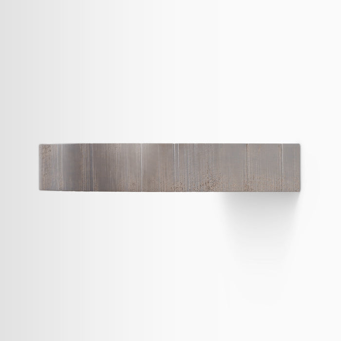 Aksel RADius Hatch Grey Rustic Floating Shelf side view highlighting textured grey wood grain and smooth rounded edges by Shelfology