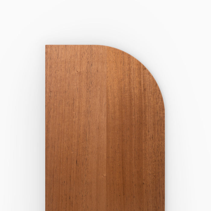 Aksel RADius Mahogany Floating Shelf close-up of smooth rounded corner and warm natural wood grain by Shelfology