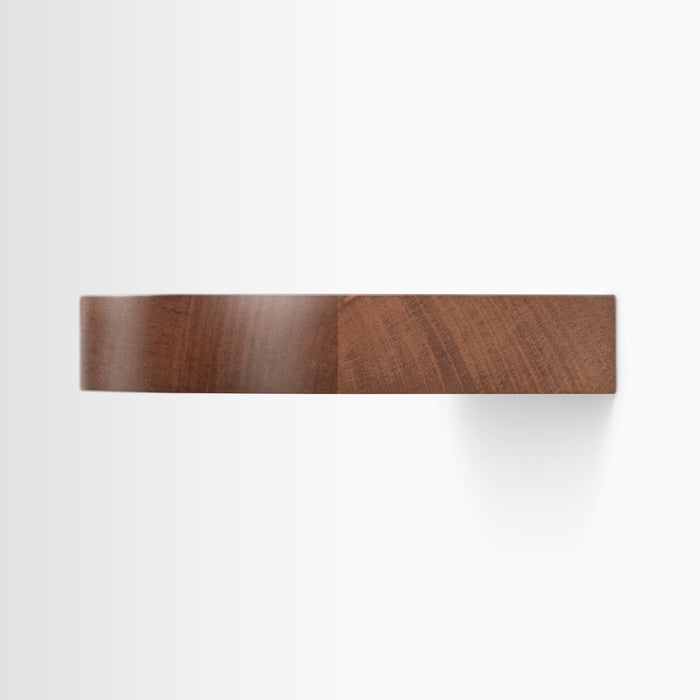 Aksel RADius Mahogany Floating Shelf side view showcasing rich mahogany wood grain and smooth curved front edge by Shelfology