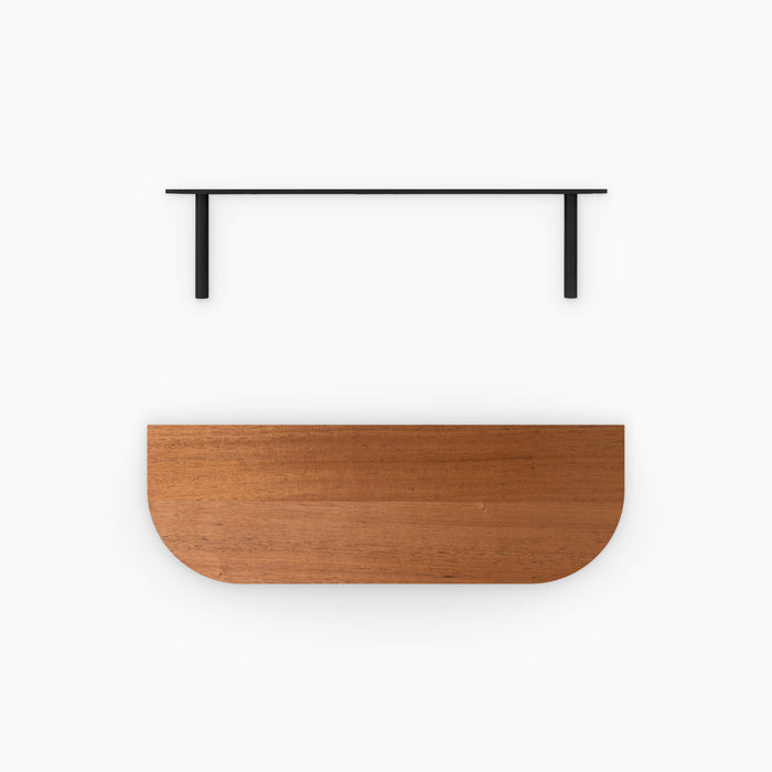 Aksel RADius Mahogany Floating Shelf top view showing smooth half-moon mahogany wood surface with black floating shelf brackets