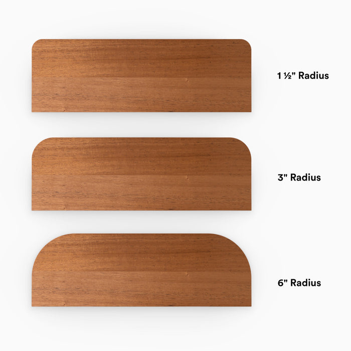 Aksel RADius Mahogany Floating Shelf showing three wood samples with varied smooth rounded corner radii by Shelfology