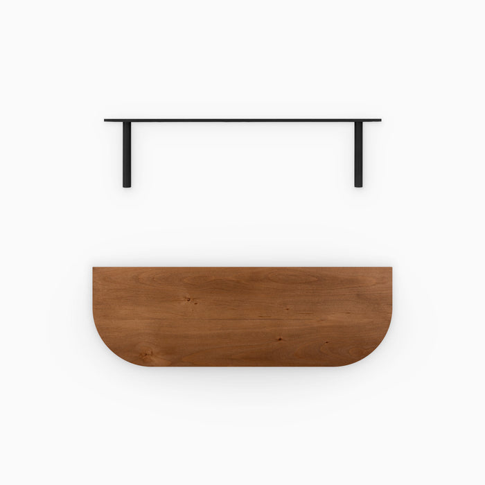 Aksel RADius Nutmeg Floating Shelf top view showing smooth rounded corners and dark metal floating shelf brackets