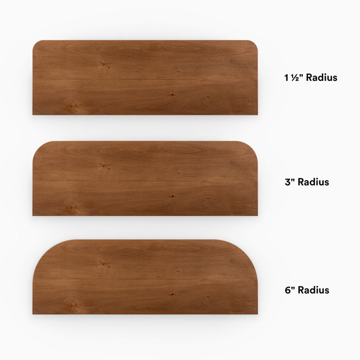 Aksel RADius Nutmeg Floating Shelf showing three corner radius options with smooth rounded edges on alder wood