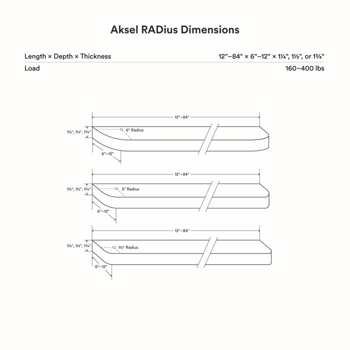 Aksel RADius White Oak Floating Shelf technical drawing with three radius edge options and load capacity details by Shelfology