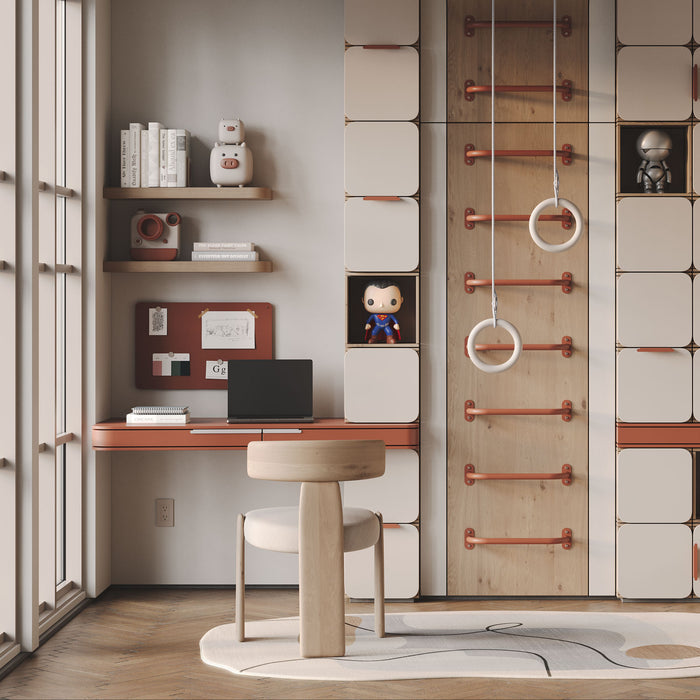 Aksel RADius Nutmeg Floating Shelf installed with minimalist decor in a modern kids’ room and home gym setup