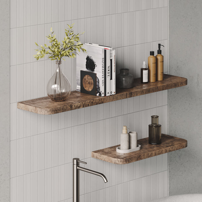 Aksel RADius Nutmeg Rustic Floating Shelf with natural wood grain and smooth rounded corners styled in modern bathroom setting