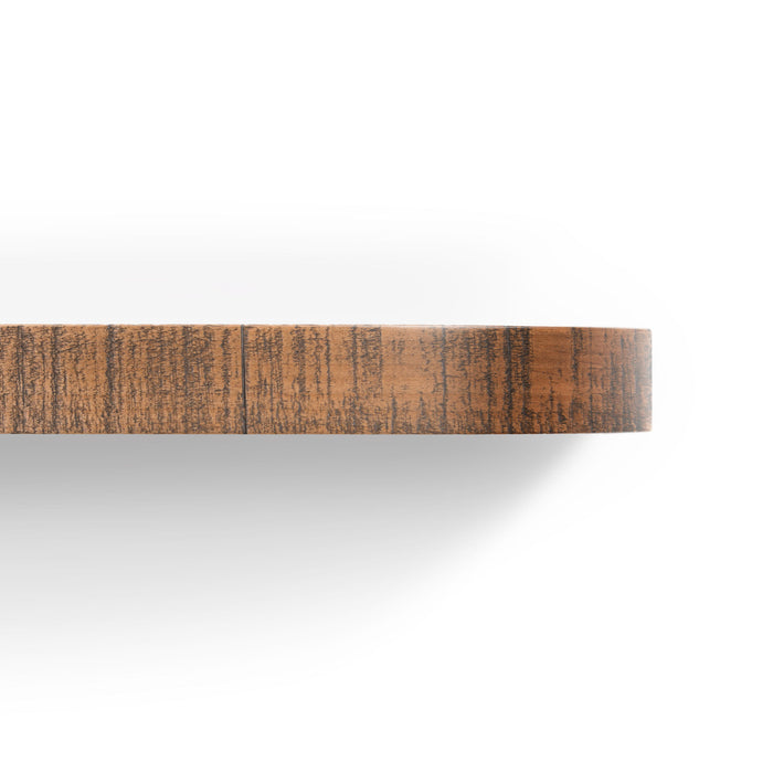 Aksel RADius Nutmeg Rustic Floating Shelf close-up showing textured nutmeg wood grain and smooth round corners by Shelfology