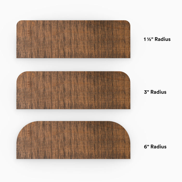 Aksel RADius Nutmeg Rustic Floating Shelf showing three smooth round corner radius options with natural wood grain