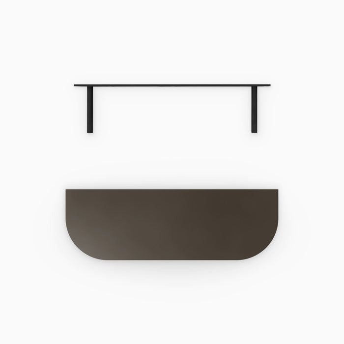 Aksel RADius Tungsten Floating Shelf top view showing smooth rounded front edge and sleek tungsten finish with metal brackets
