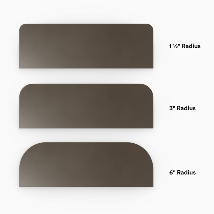 Aksel RADius Tungsten Floating Shelf showcasing three smooth rounded corner radius options in sleek tungsten finish by Shelfology