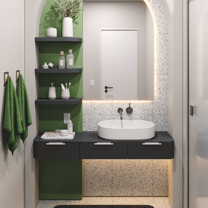 Aksel RADius Tungsten Floating Shelf in modern bathroom with sleek edges and matte tungsten finish for organized wall display
