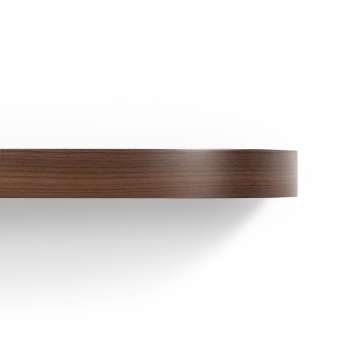 Aksel RADius Walnut Floating Shelf close-up showing smooth rounded edges and rich walnut finish by Shelfology