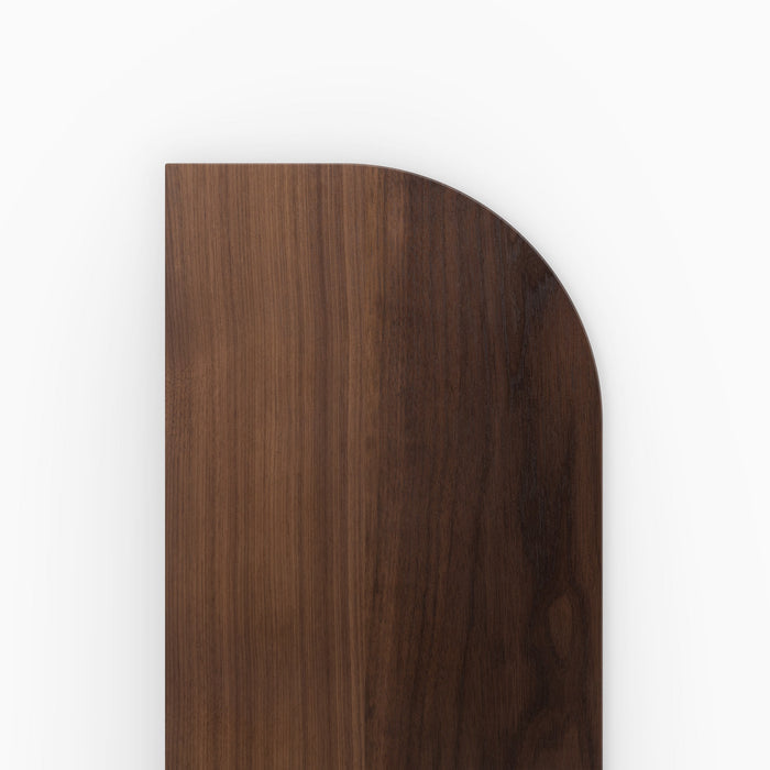 Aksel RADius Walnut Floating Shelf close-up of smooth curved corner showcasing rich walnut wood grain finish